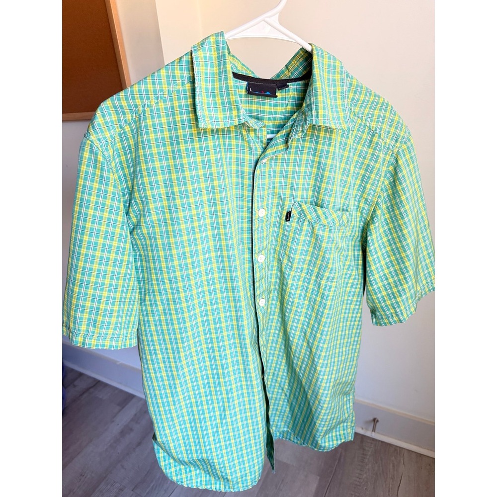 Kavu men's Large short sleeve button‎ up green plaid shirt